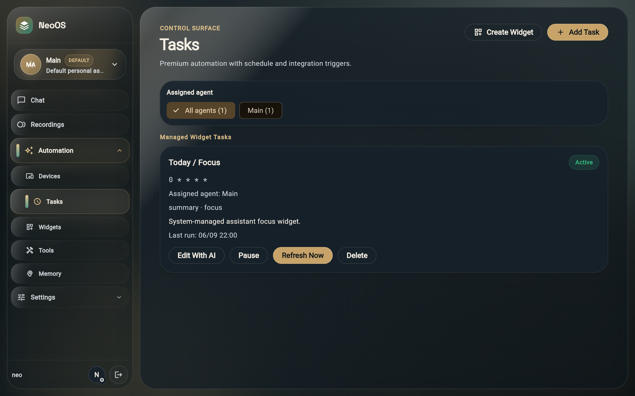 NeoAgent dashboard