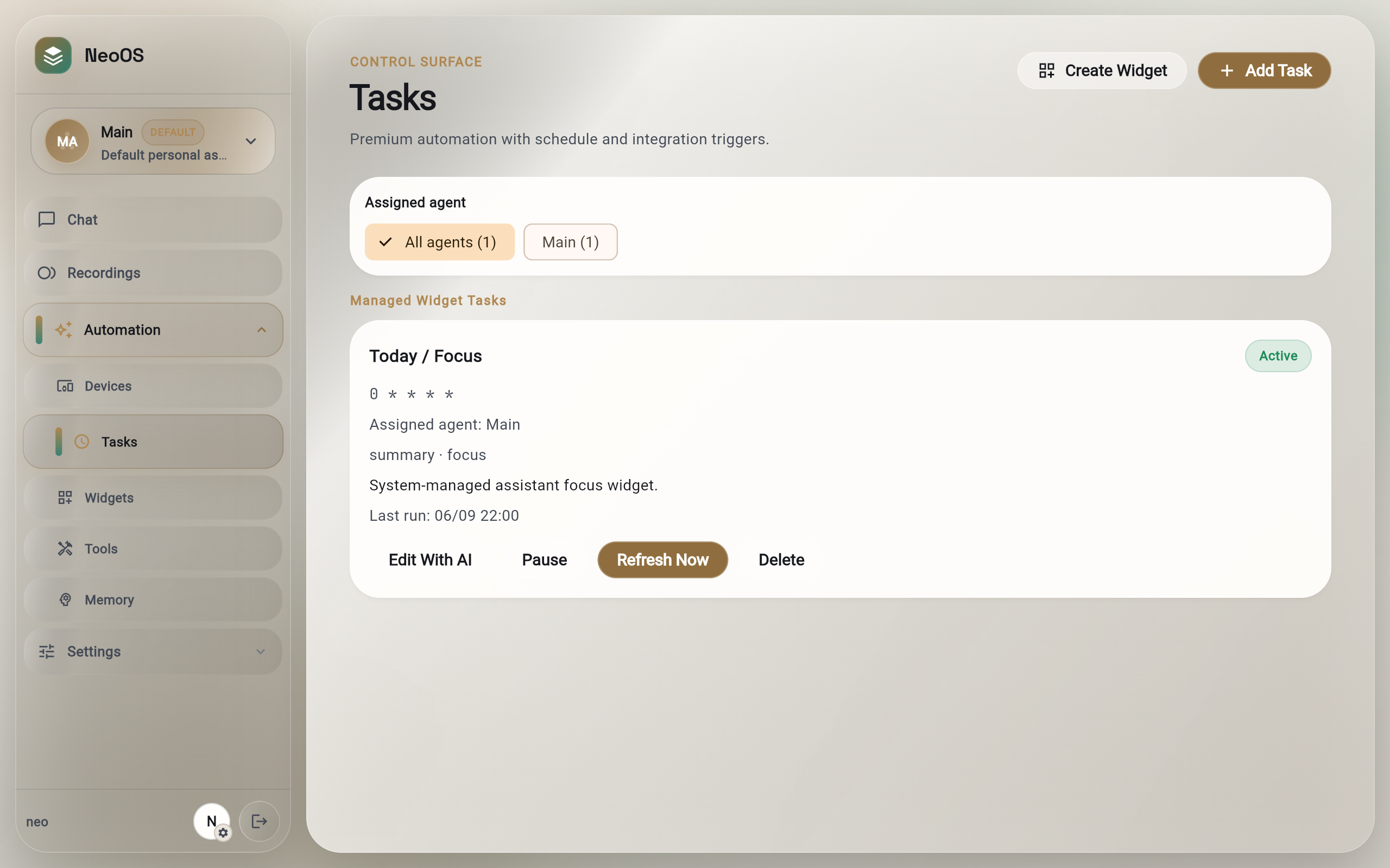 NeoAgent dashboard